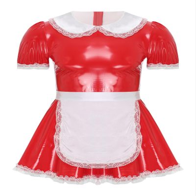 YiZYiF Men's French Maid Fancy Dress Costume PVC Wetlook Sissy Cosplay Satin Pajamas Set Red 5X-Large