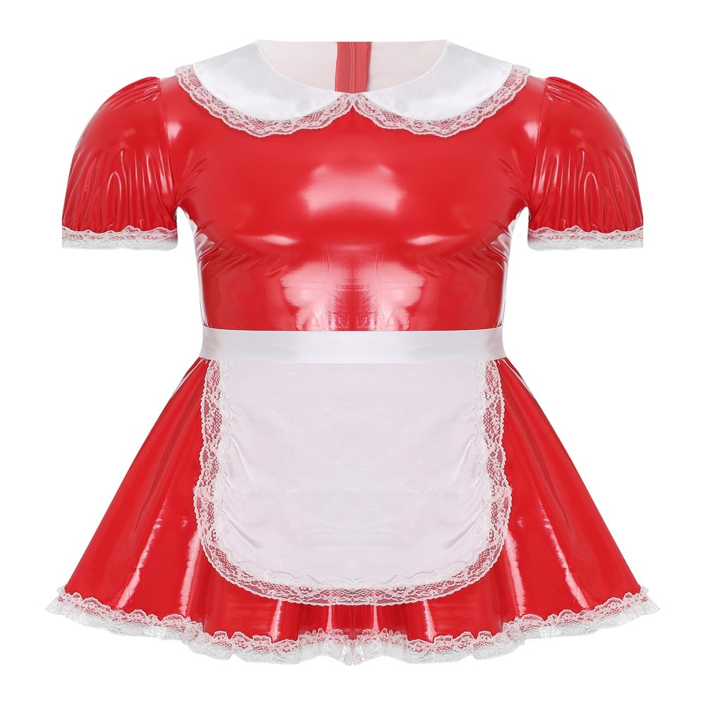 YiZYiF Men's French Maid Fancy Dress Costume PVC Wetlook Sissy Cosplay Satin Pajamas Set Red 5X-Large