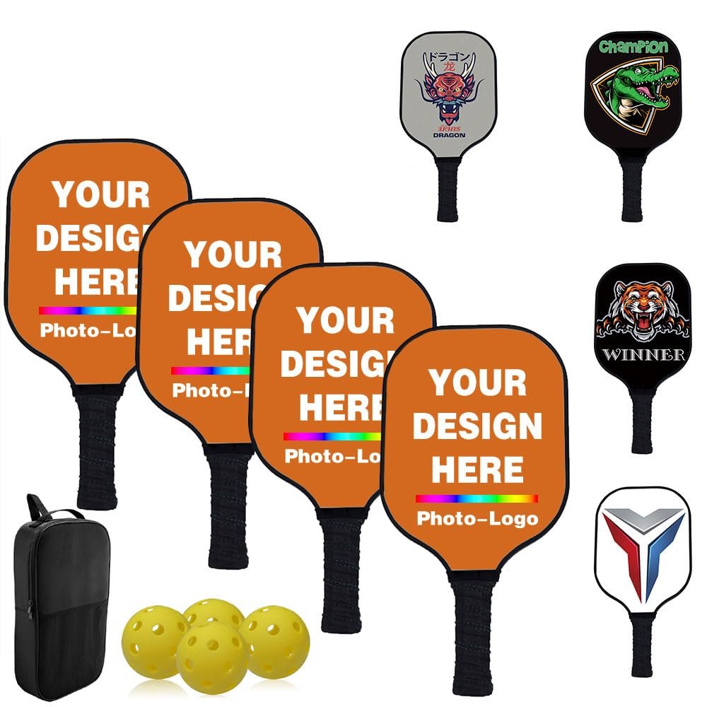 Custom Pickleballs Paddles Set - 4 Paddel 1 Storage Bag and 4 Balls - Great Rackets Gift for Beginner - 40 Color, Chocolate