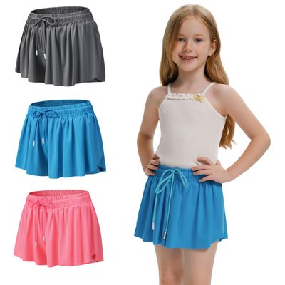 Girls 3 Pack Butterfly Shorts Flowy Athletic 2 in 1 Tennis Cheer Skirt Dance Running Preppy Clothes L Gray Red Blue