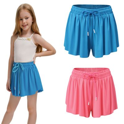 2 Pack Girls Athletic Flowy Shorts with Pockets Butterfly Running Workout Sports Gym Skorts for Kids 9-10Y Neon Red Blue
