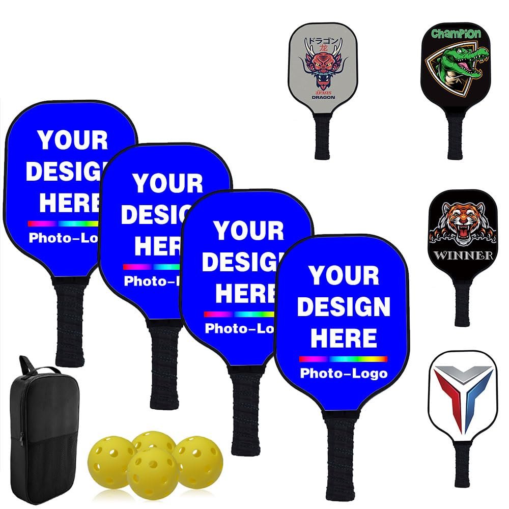 Custom Pickle Balls Paddles Set with Photo Design Your Photo Logo Text, Personalized Rackets Comfort Cushion Grip, Long Handle Equipment, Blue