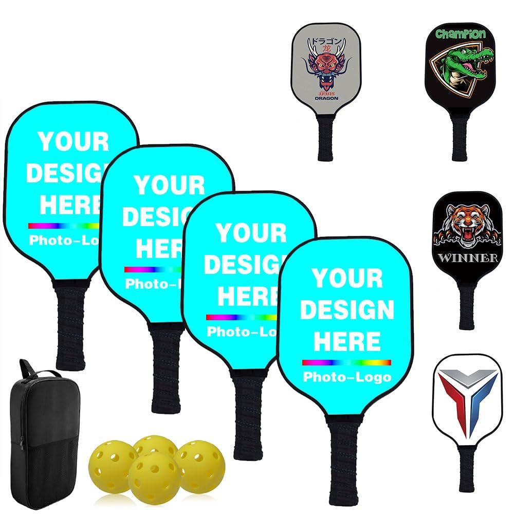 Custom Pickle Ball Paddle Set, Personalized Pickleballs Paddles with 4 Paddles 1 Storage Bag and 4 Balls, Neutral Paddle, Perfect First Paddles for Beginners, Cyan