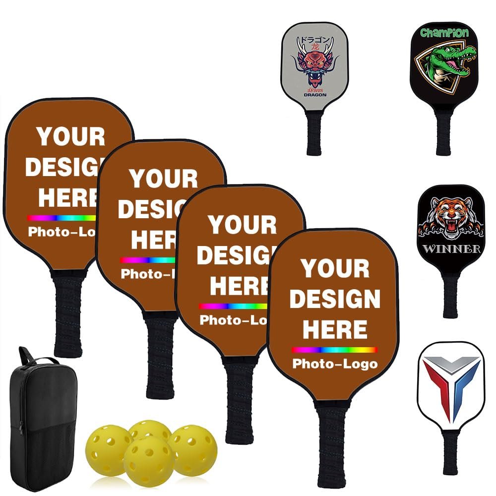 Custom Pickle Balls Paddle Set Personalized Pickleballs Paddles with Comfort Grip, Add Your Design Photo Text Logo, Perfect Paddles for Beginners to Professional, SaddleBrown