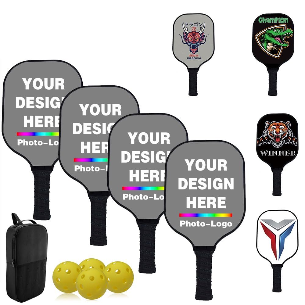 Custom Pickle Ball Paddle Set, Personalized Pickleballs Paddles with 4 Paddles 1 Storage Bag and 4 Balls, Neutral Paddle, Perfect First Paddles for Beginners, Gray