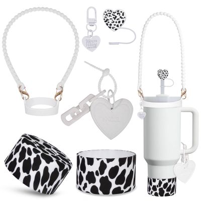 VirgoCCY 5PCS Stanley Cup Accessories Set 30&40 Oz, Includes 1pcs 0.4in Straw Covers, 1 Water Bottle Handle Strap, 2 Cute Love Heart Chain Hanging Charms, 1 Cow Silicone Boot, White Cow