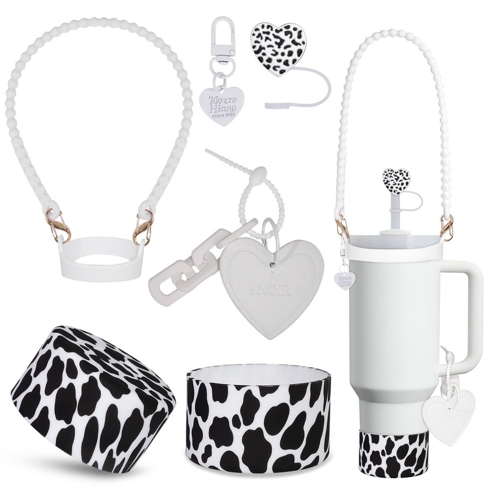 VirgoCCY 5PCS Stanley Cup Accessories Set 30&40 Oz, Includes 1pcs 0.4in Straw Covers, 1 Water Bottle Handle Strap, 2 Cute Love Heart Chain Hanging Charms, 1 Cow Silicone Boot, White Cow