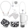 VirgoCCY 5PCS Stanley Cup Accessories Set 30&40 Oz, Includes 1pcs 0.4in Straw Covers, 1 Water Bottle Handle Strap, 2 Cute Love Heart Chain Hanging Charms, 1 Cow Silicone Boot, White Cow view 1