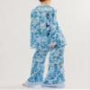 Fenghualzzniya Women Satin Pajama Set Floral Silk Pajamas 2 Piece Lounge Sets Button Down Shirts Wide Leg Pants Pjs Sleepwear, Blue, Small view 2