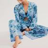 Fenghualzzniya Women Satin Pajama Set Floral Silk Pajamas 2 Piece Lounge Sets Button Down Shirts Wide Leg Pants Pjs Sleepwear, Blue, Small view 4