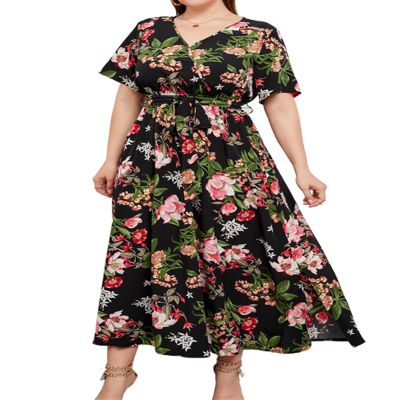 ABEWIP Plus Size Dresses for Curvy Women Summer Sundress Floral V Neck Belted Ruffle Hem A Line Maxi Dress Black Maxi Dress 5XL