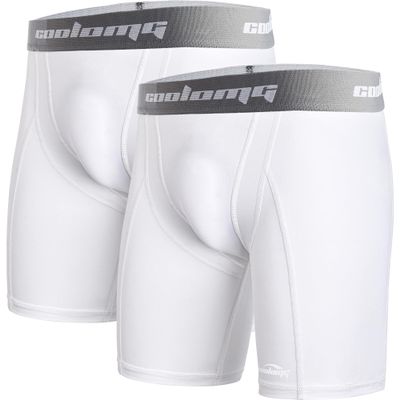 COOLOMG Youth Boys Compression Shorts with Cup Pocket, NO Cup for Baseball Football Lacrosse,White L,2-Pack
