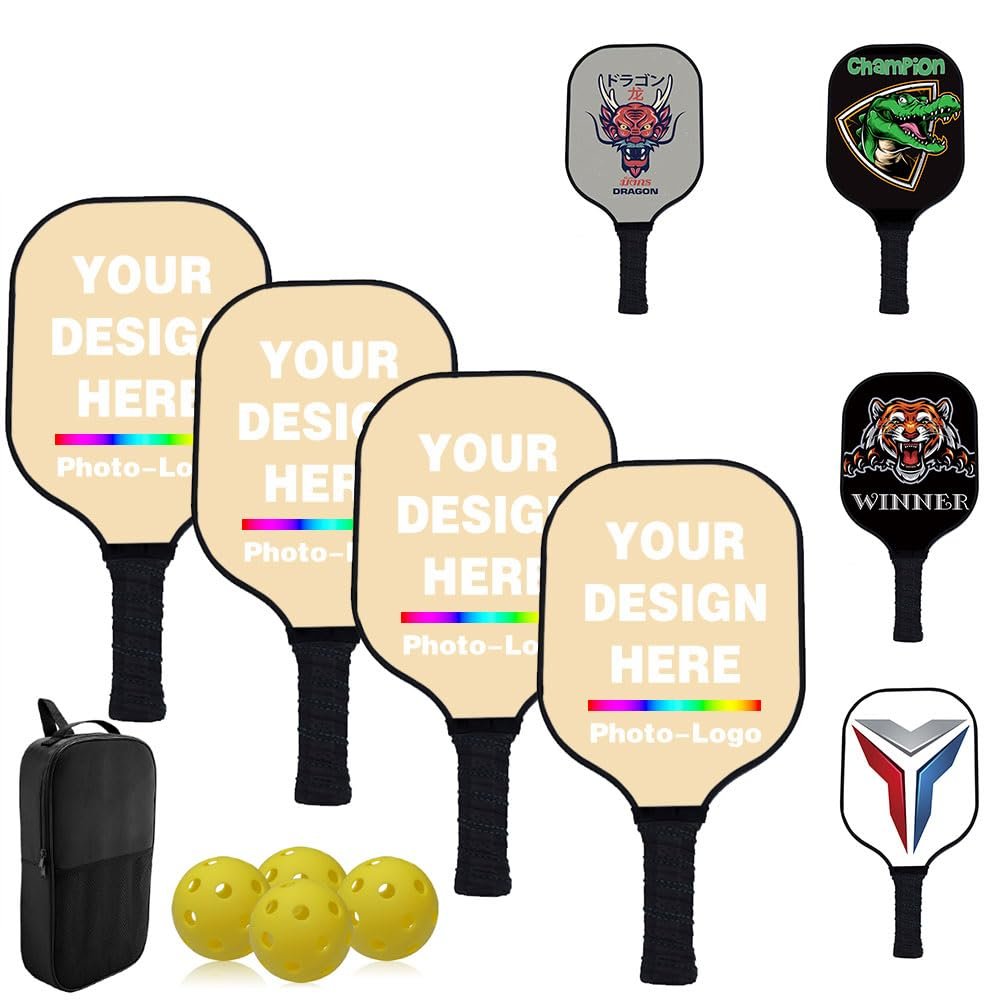 Custom Pickle Balls Paddles Set with Photo Design Your Photo Logo Text, Personalized Rackets Comfort Cushion Grip, Long Handle Equipment, Wheat