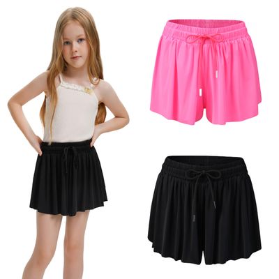 2 Pack Girls Athletic Flowy Shorts with Pockets Butterfly Running Workout Sports Gym Skorts for Kids 15-16Y Black Hot Pink