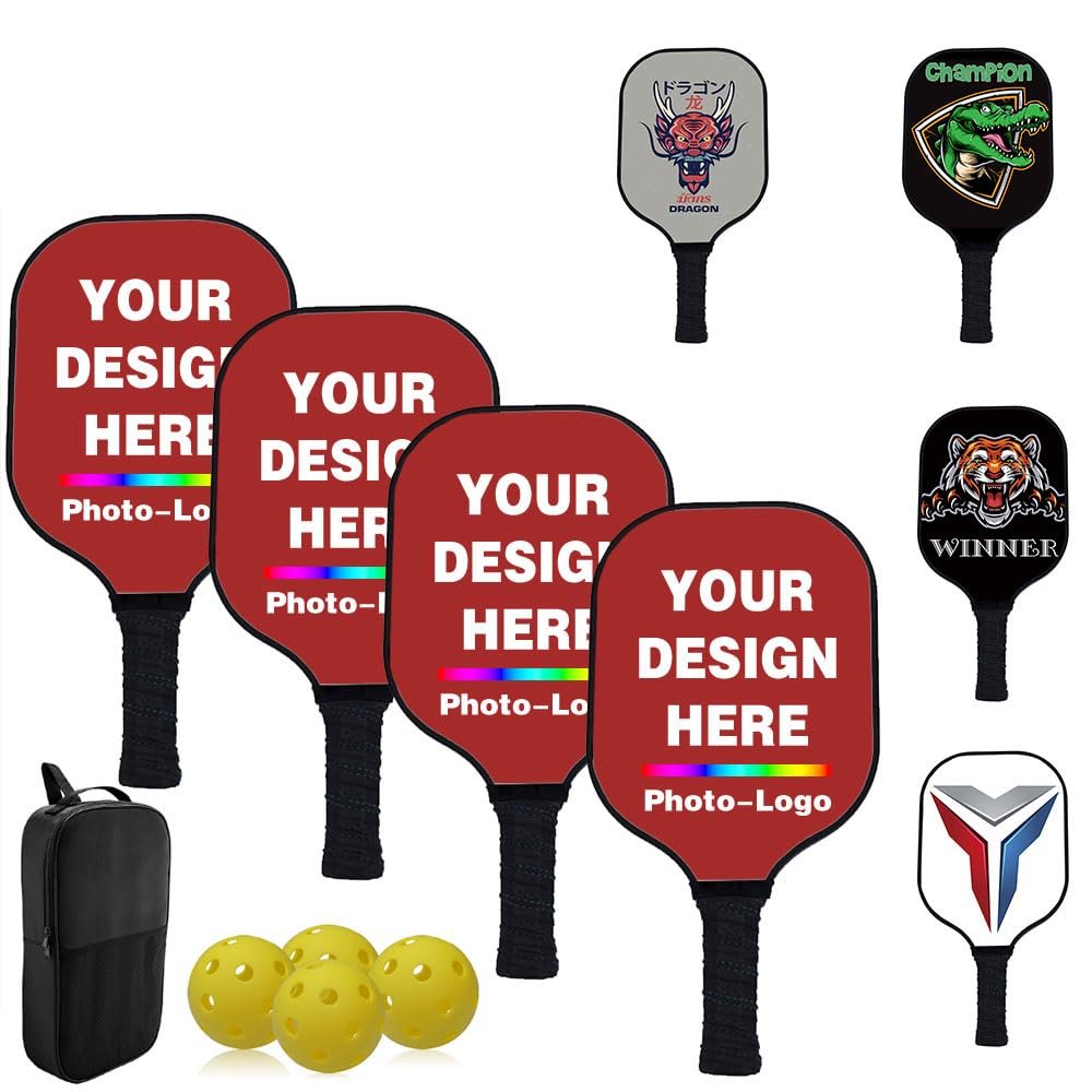Custom Pickle Ball Paddle Set, Personalized Pickleballs Paddles with 4 Paddles 1 Storage Bag and 4 Balls, Neutral Paddle, Perfect First Paddles for Beginners, Brown
