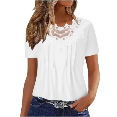 2024 Women Short Sleeve Shirts Summer Casual Tops Flowy Pleated Floral Lace Embroidery Loose Tunic Tee Blouse Clothes