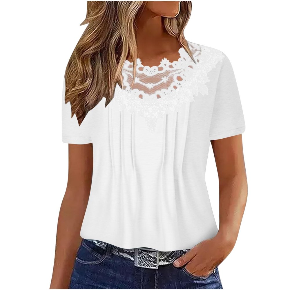 2024 Women Short Sleeve Shirts Summer Casual Tops Flowy Pleated Floral Lace Embroidery Loose Tunic Tee Blouse Clothes