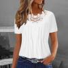 2024 Women Short Sleeve Shirts Summer Casual Tops Flowy Pleated Floral Lace Embroidery Loose Tunic Tee Blouse Clothes view 2