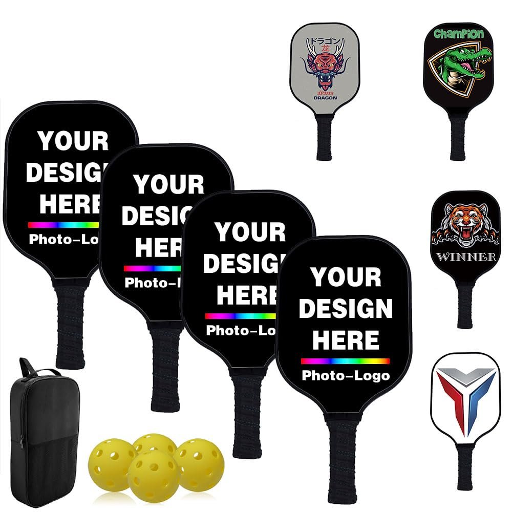 Custom Pickleballs Paddles Set with 4 Paddles 1 Storage Bag and 4 Balls - Carbon Fiber Personalized Pickle Ball Paddles - Graphite Pickleballs Rackets for Indoor Outdoor, Black