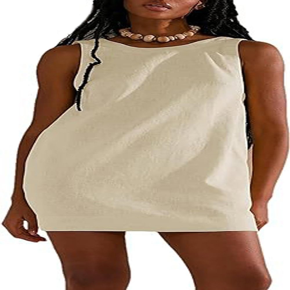 CHARTOU Women Summer Beach Linen Romper Open Back Backless Mini Tank Dress (Medium, Apricot)