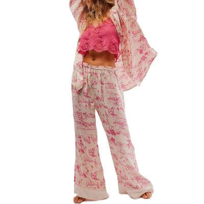 Fenghualzzniya Women Satin Pajama Set Floral Silk Pajamas 2 Piece Lounge Sets Button Down Shirts Wide Leg Pants Pjs Sleepwear, Pink, Large