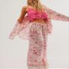 Fenghualzzniya Women Satin Pajama Set Floral Silk Pajamas 2 Piece Lounge Sets Button Down Shirts Wide Leg Pants Pjs Sleepwear, Pink, Large view 3