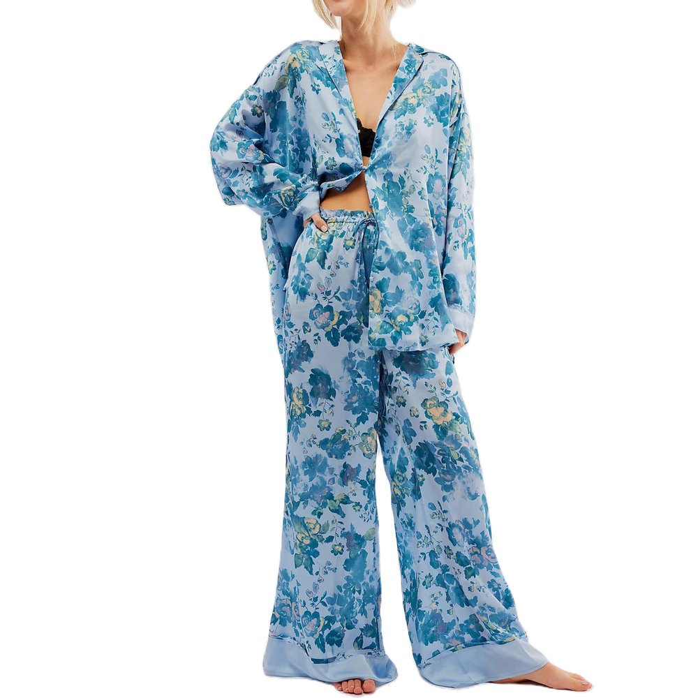 Fenghualzzniya Women Satin Pajama Set Floral Silk Pajamas 2 Piece Lounge Sets Button Down Shirts Wide Leg Pants Pjs Sleepwear, Blue, Large