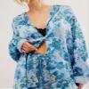 Fenghualzzniya Women Satin Pajama Set Floral Silk Pajamas 2 Piece Lounge Sets Button Down Shirts Wide Leg Pants Pjs Sleepwear, Blue, Large view 3