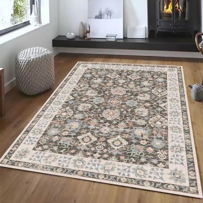 Boho Machine Washable Rugs for Living Room,4x6 Soft Non-Slip Large Area Rug for Bedroom Dining Room,Low-Pile Vintage Indoor Floor Carpet Distressed Accent Rug for Office Nursery Home Decor (Grey)