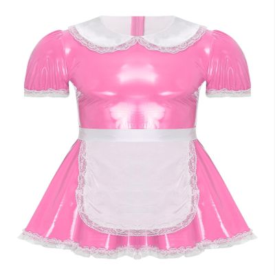 Lorilida Mens Sissy French Maid Cosplay Costumes PVC Leather Puff Sleeve Dress with Apron Outfit Pink 5X-Large