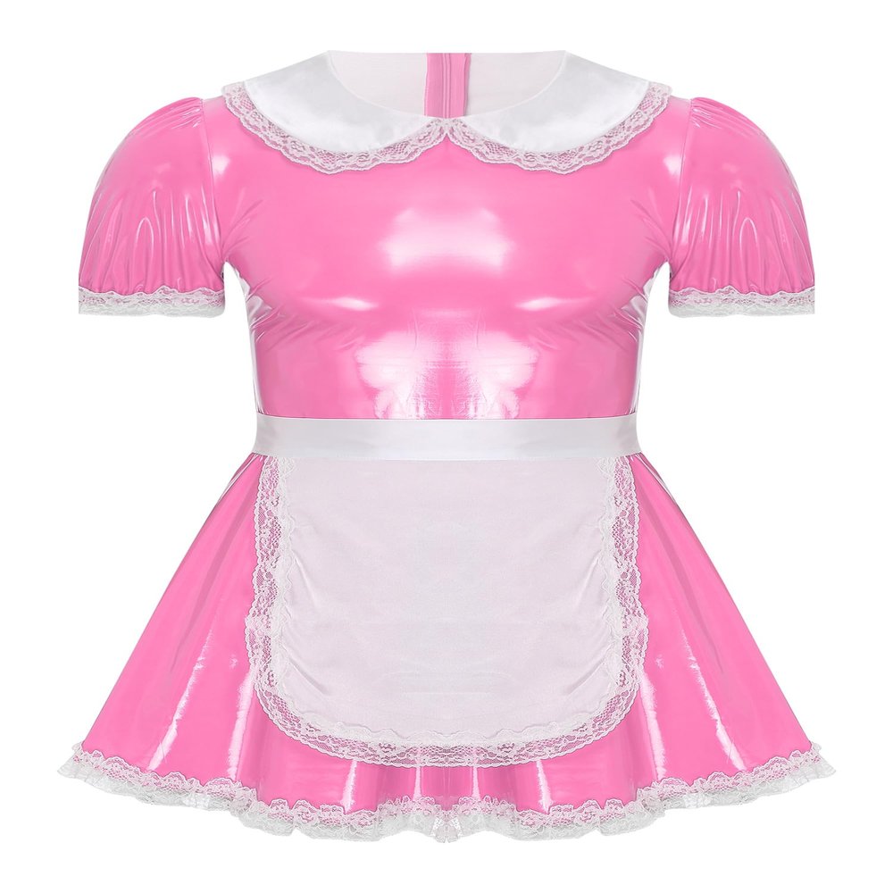 Lorilida Mens Sissy French Maid Cosplay Costumes PVC Leather Puff Sleeve Dress with Apron Outfit Pink 5X-Large