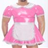 Lorilida Mens Sissy French Maid Cosplay Costumes PVC Leather Puff Sleeve Dress with Apron Outfit Pink 5X-Large view 3