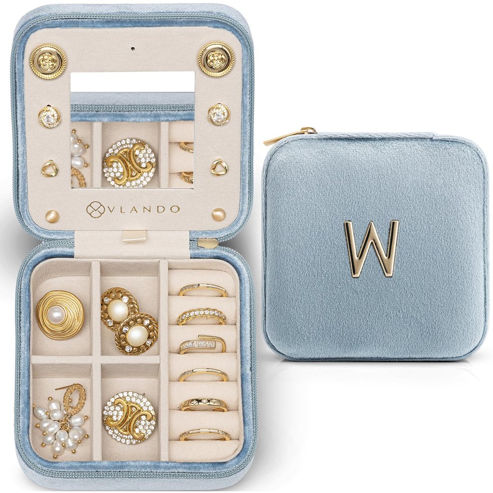 Vlando Travel Jewelry Box for Girls Women, W Initial Jewelry Box for Girls Small Jewelry Box Travel Jewelry Case Jewelry Box Travel Gifts for Girls Women - Letter W, Navy Blue