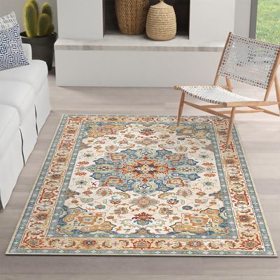 Boho Machine Washable Rugs for Living Room,4x6 Soft Non-Slip Large Area Rug for Bedroom Dining Room,Low-Pile Vintage Indoor Floor Carpet Distressed Accent Rug for Office Nursery Home Decor, Beige/Red