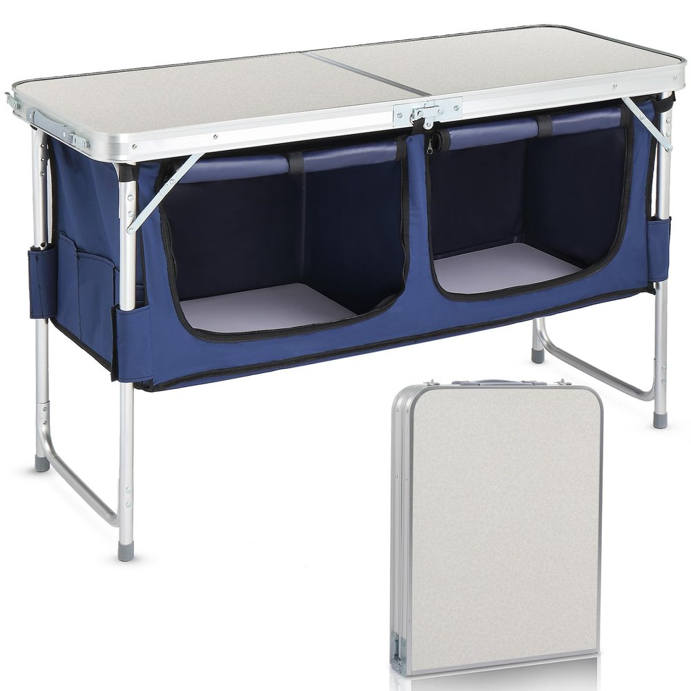 Vasitelan Outdoor Folding Table Aluminum Lightweight Height Adjustable with Storage Organizer for BBQ, Party, Camping