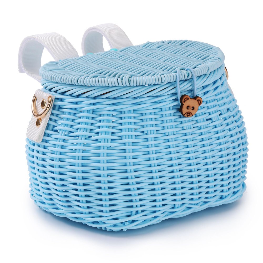 SVNR Kids Bike Basket, Bike Basket Front, Bicycle Baskets for Boys and Girls, Handwoven Backpack with Lid Shoulder Strap, Rattan Front Handlebar Baskets, Blue