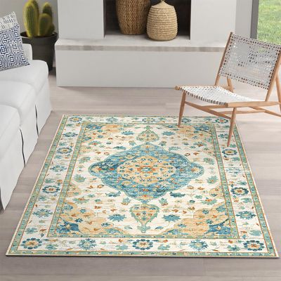 Boho Machine Washable Rugs for Living Room,4x6 Soft Non-Slip Large Area Rug for Bedroom Dining Room,Low-Pile Vintage Indoor Floor Carpet Distressed Accent Rug for Office Nursery Home Decor, Green