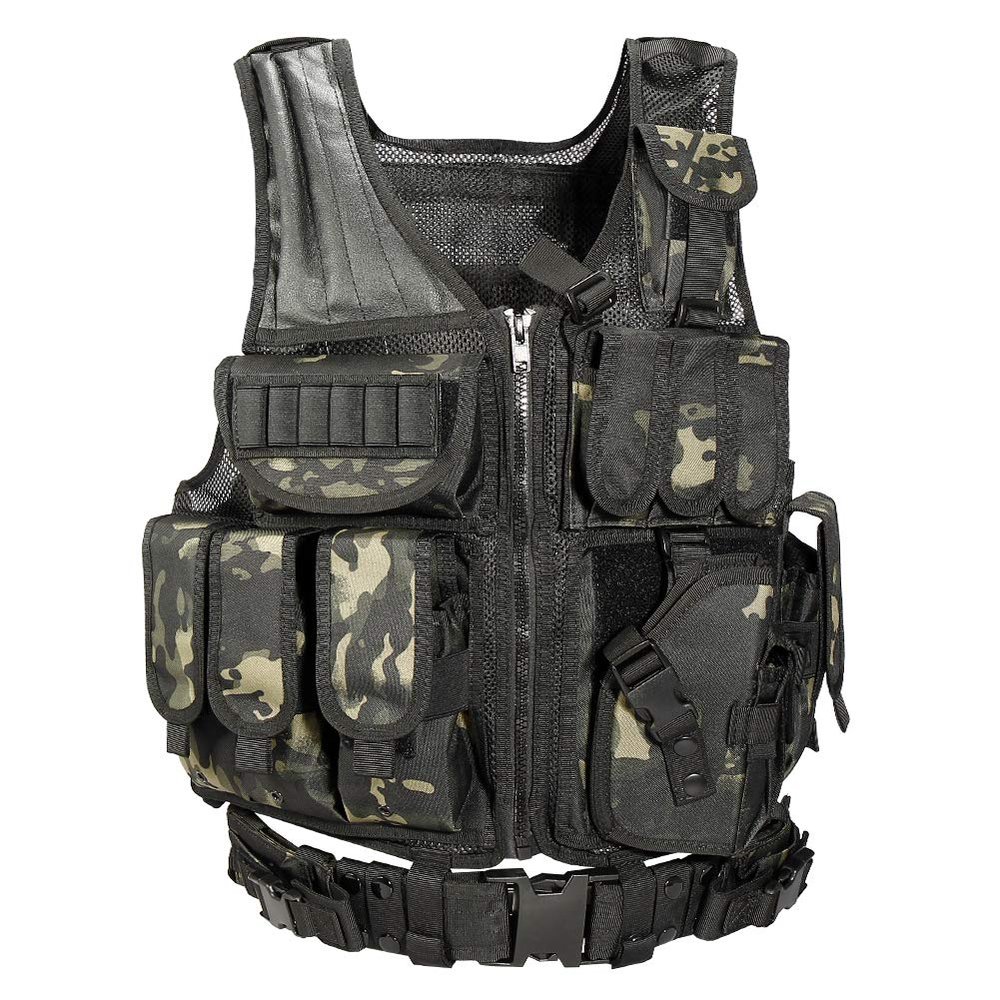 BOMTURN Tactical Vest Outdoor Ultra-Light Breathable Durable Mesh Airsoft Vest Adjustable Detachable Belt & Holster