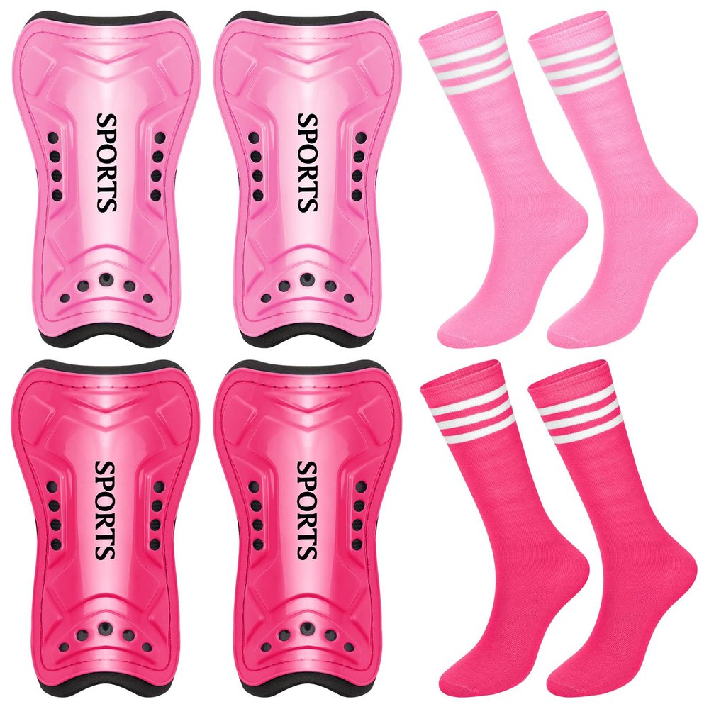 Chuarry 2 Pair of Soccer Shin Guards with 2 Pair of Soccer Socks Protective Soccer Shin Pads Soccer Gear for Girls Boys Youth Teens Kids Soccer Games Protection Equipment (Pink, Rose Red,L), Large