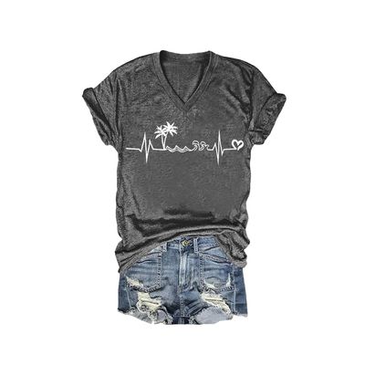 Beach Heartbeat Vneck Tshirt Beach Heartbeat T Shirt Beach Heartbeat Vneck Tshirt Casual Vintage T-Shirts Funny Letter V Neck Tee Funny Tank Tops Loose Tshirts Women Gifts Charcoal