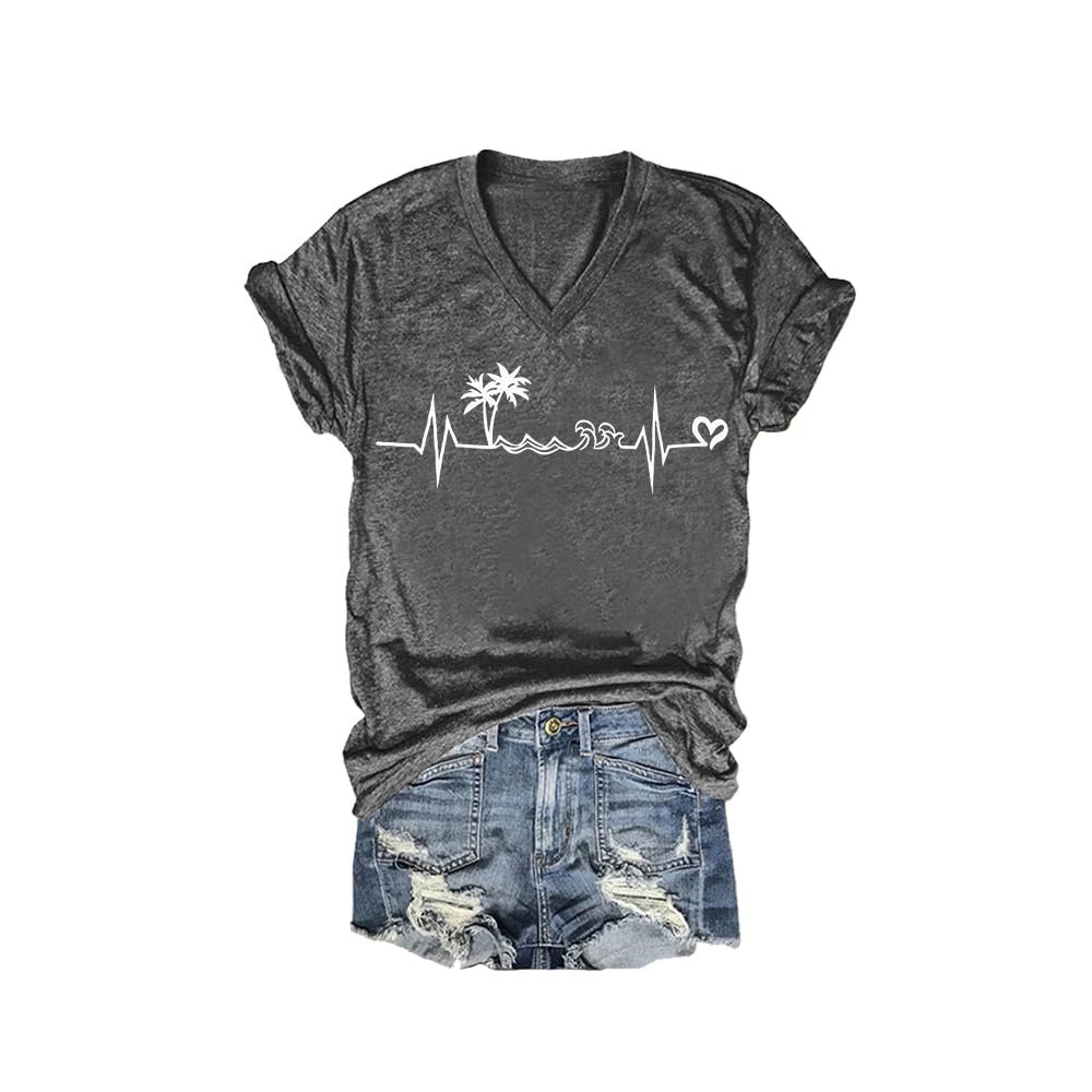 Beach Heartbeat Vneck Tshirt Beach Heartbeat T Shirt Beach Heartbeat Vneck Tshirt Casual Vintage T-Shirts Funny Letter V Neck Tee Funny Tank Tops Loose Tshirts Women Gifts Charcoal
