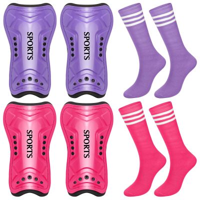 Chuarry 2 Pair of Soccer Shin Guards with 2 Pair of Soccer Socks Protective Soccer Shin Pads Soccer Gear for Girls Boys Youth Teens Kids Soccer Games Protection Equipment (Purple, Rose Red,M), Medium