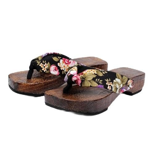 BYDZKJ Japanese Traditional Kimono Wooden Clogs Slippers Sandals,Color Blocking Clip Leg Flat Heel Japanese Daily Low Cut Breathable Wooden Clogs and Sandals(Size:EU 40,Color:Black)