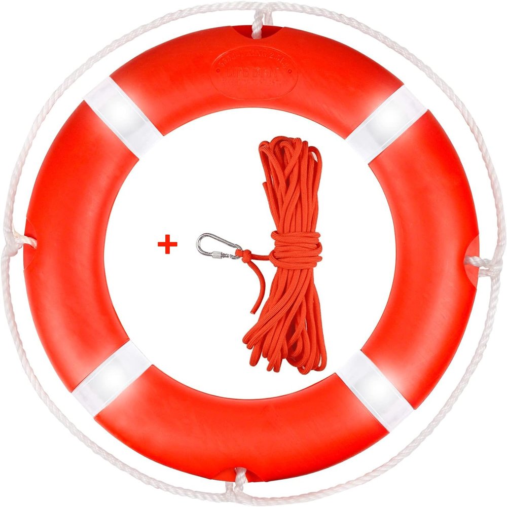 28" Life Ring with Floating Lifesaving Rope 50 for Boating Safety, Boat Throw Rings with Reflective Strip Orange with Grab Lines