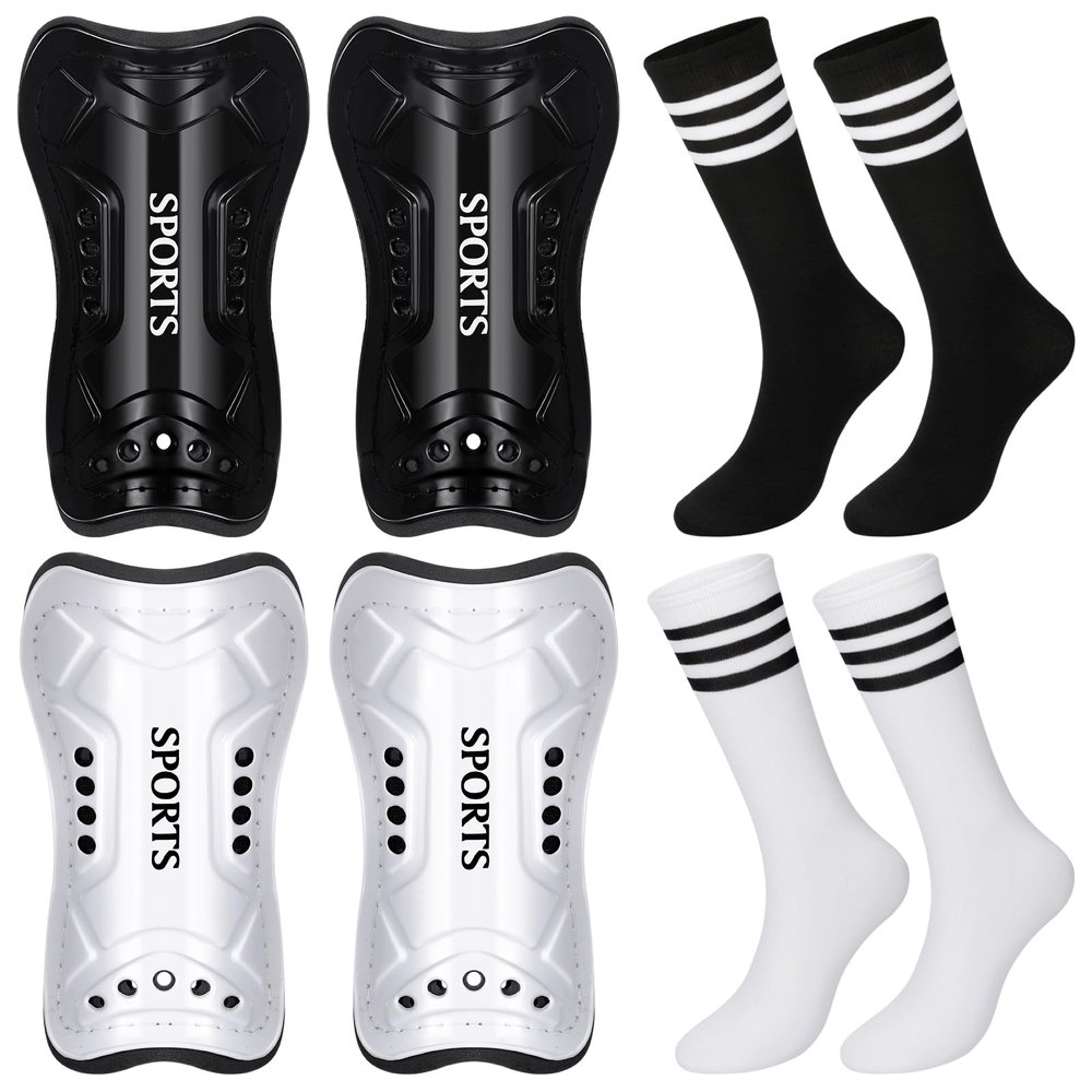 Chuarry 2 Pair of Soccer Shin Guards with 2 Pair of Soccer Socks Protective Soccer Shin Pads Soccer Gear for Girls Boys Youth Teens Kids Soccer Games Protection Equipment (Black, White,M), Medium