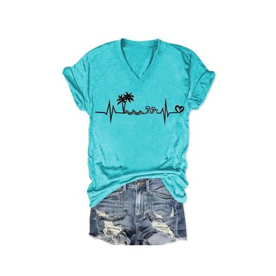 MOGUI Beach Heartbeat Vneck Tshirt Beach Heartbeat T Shirt Beach Heartbeat Vneck Tshirt Casual Vintage T-Shirts Funny Letter V Neck Tee Funny Tank Tops Loose Tshirts Women Gifts Teal, 5X-Large