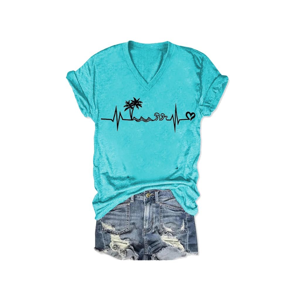 MOGUI Beach Heartbeat Vneck Tshirt Beach Heartbeat T Shirt Beach Heartbeat Vneck Tshirt Casual Vintage T-Shirts Funny Letter V Neck Tee Funny Tank Tops Loose Tshirts Women Gifts Teal, 5X-Large