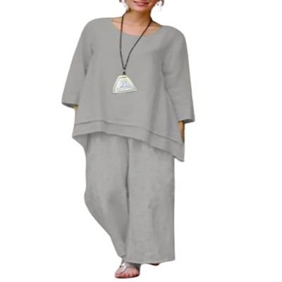2 Piece Cotton Linen Outfits for Women Plus Size Linen Set Loose Long Sleeve Shirts Wide Leg Pants Suits
