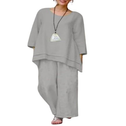 2 Piece Cotton Linen Outfits for Women Plus Size Linen Set Loose Long Sleeve Shirts Wide Leg Pants Suits