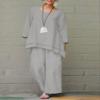 2 Piece Cotton Linen Outfits for Women Plus Size Linen Set Loose Long Sleeve Shirts Wide Leg Pants Suits view 2